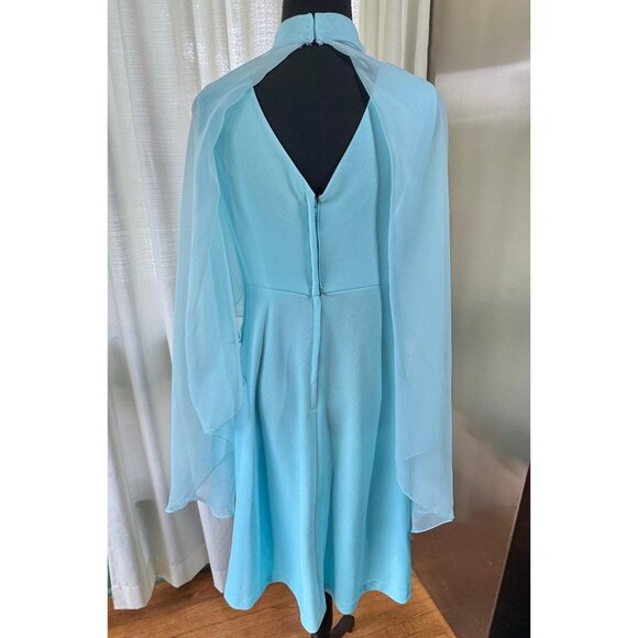 Vintage 70s dress, aqua blue, beaded applique, capelet and train, high mockneck - Picture 7 of 10